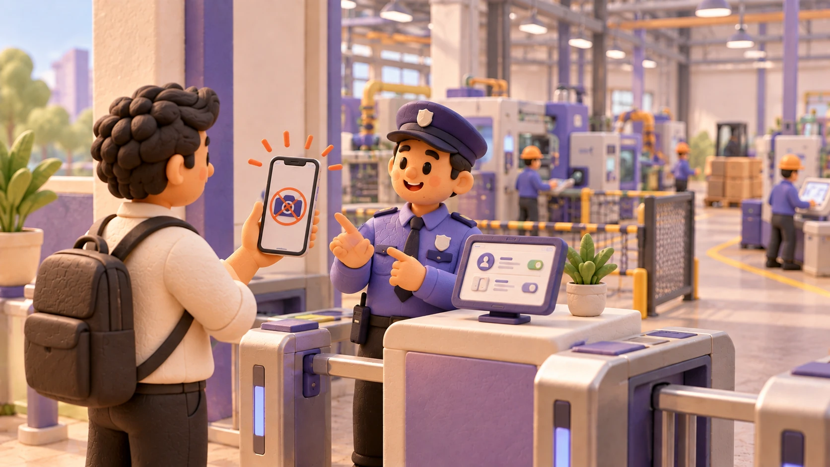 Illustrated security guard checking a visitor's phone with its camera disabled at a factory entrance