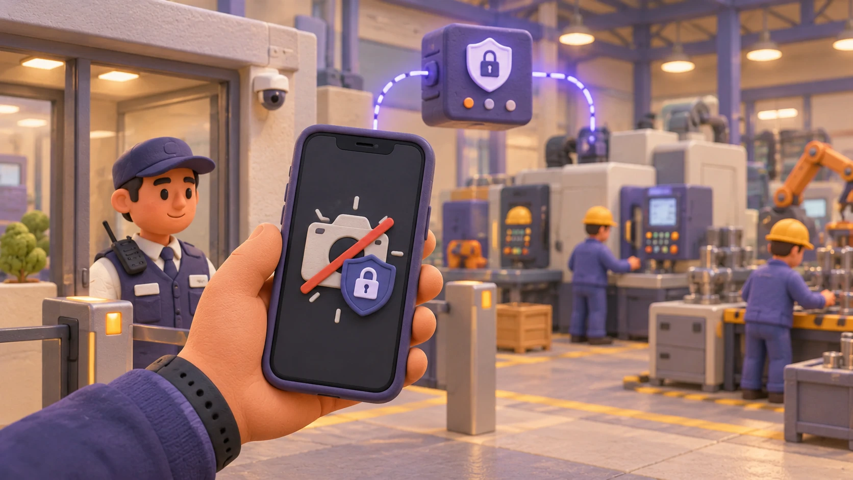 Phone showing a crossed-out camera with a padlock shield, with a security guard and factory floor in the background