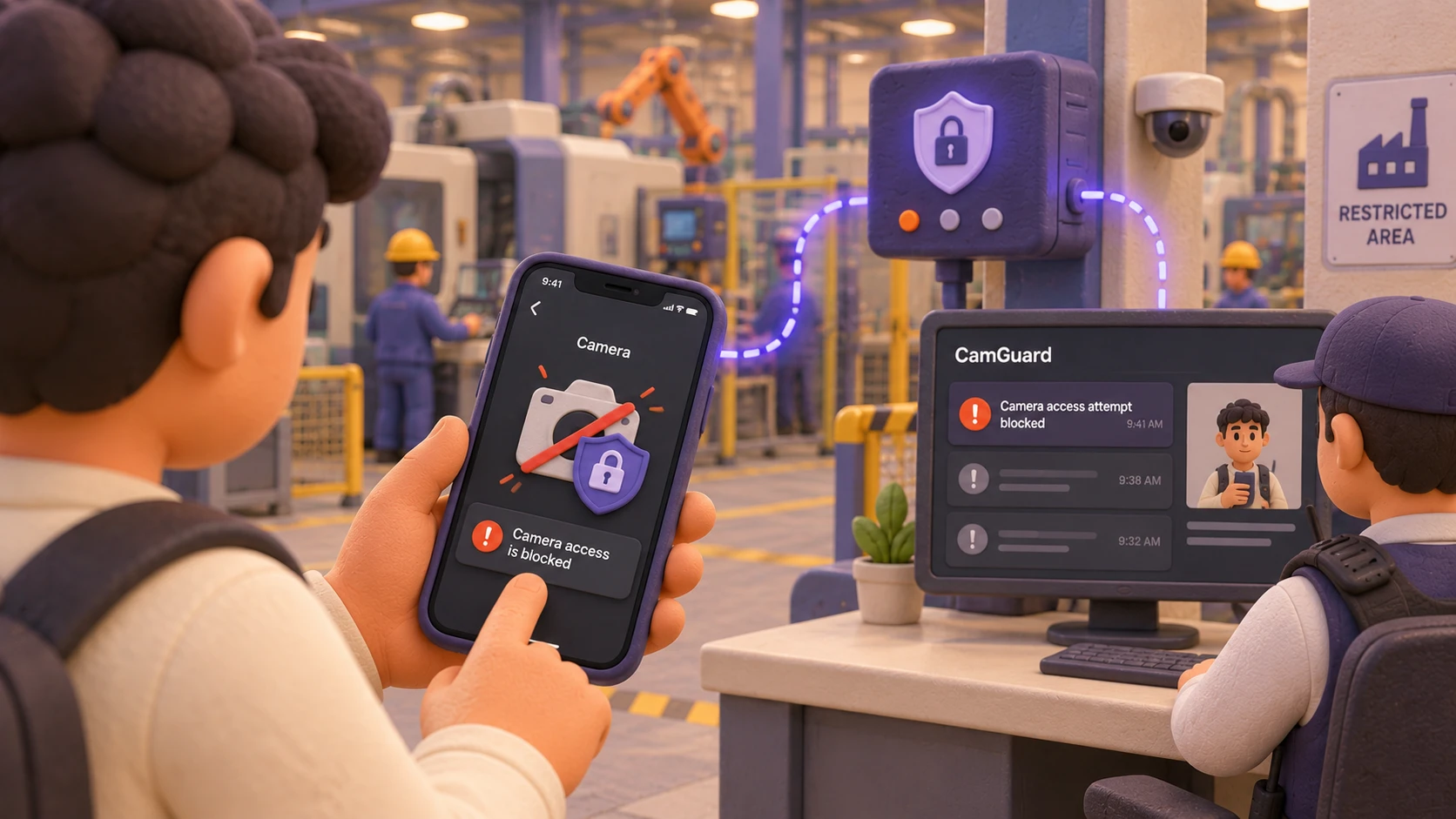Phone showing 'Camera access is blocked' while a guard's CamGuard dashboard flags the blocked attempt