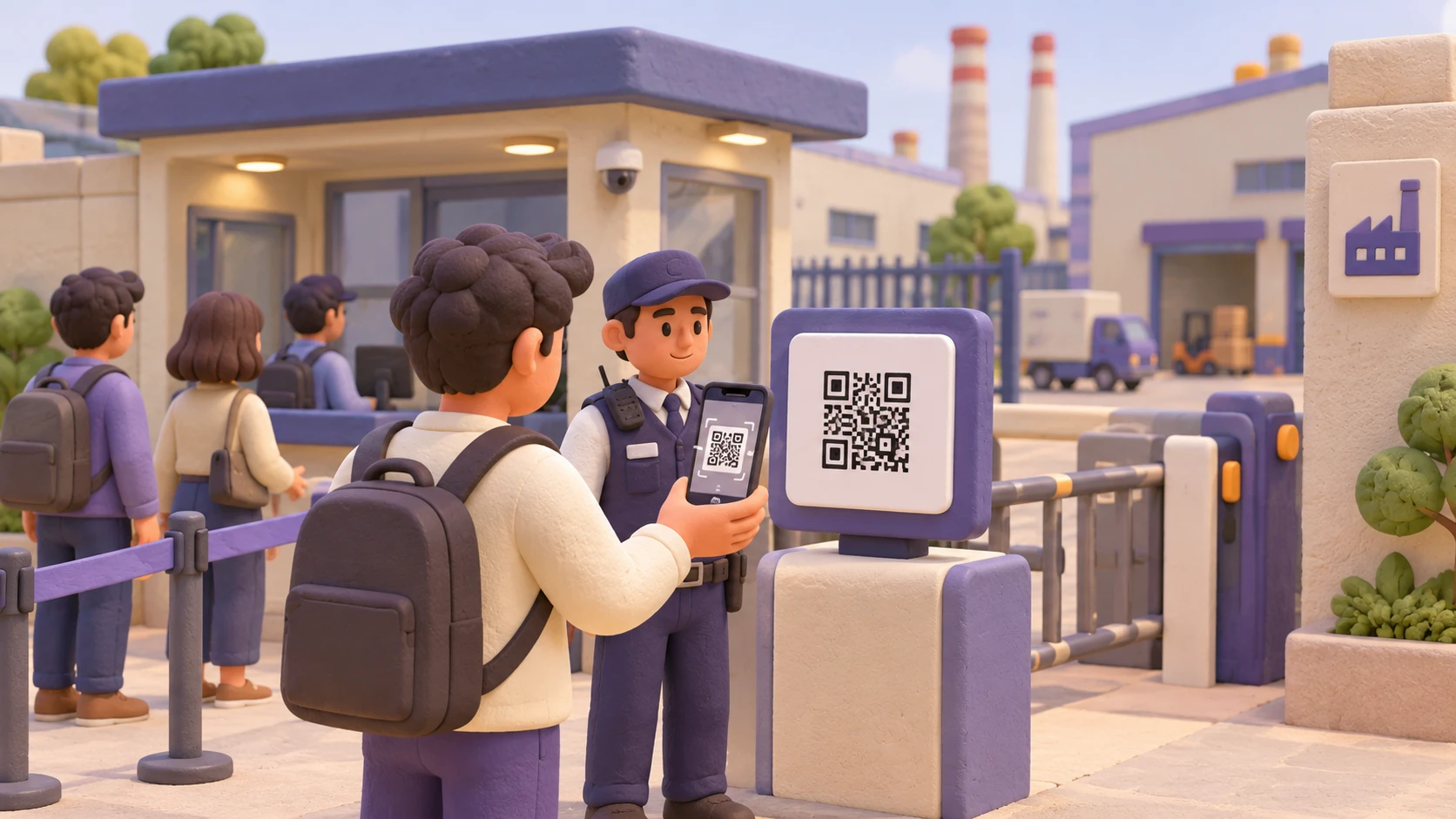 Visitor scanning a facility QR code at a security gate while a guard looks on