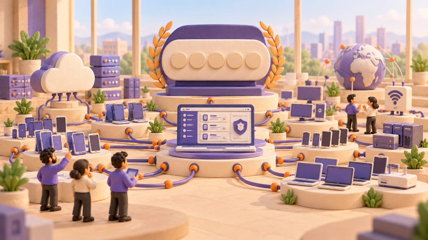Illustrated team overseeing thousands of connected phones, laptops and servers around a central management console with an award laurel
