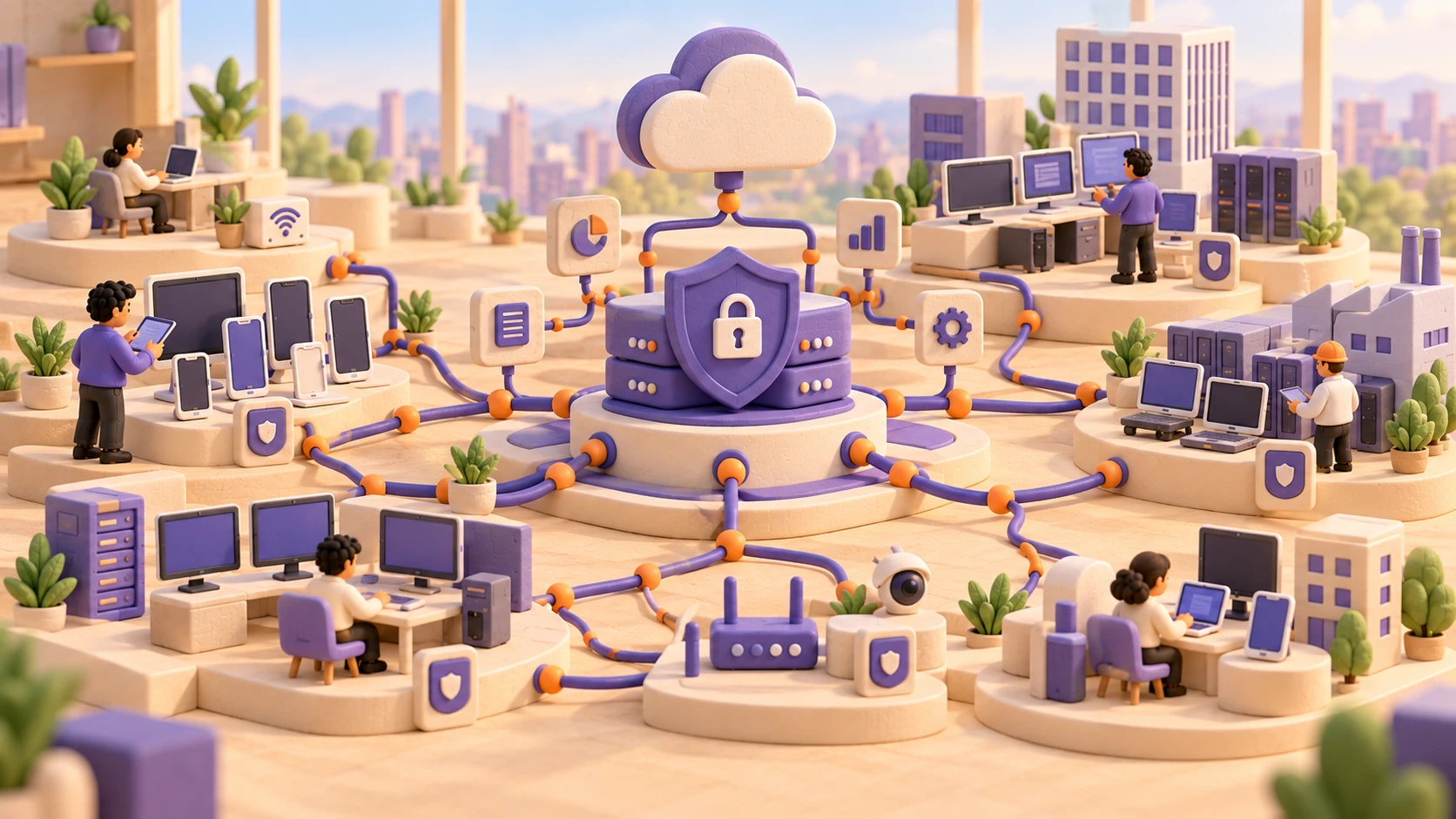 Illustrated teams securing phones, desktops, servers and network devices connected to a central cloud security hub