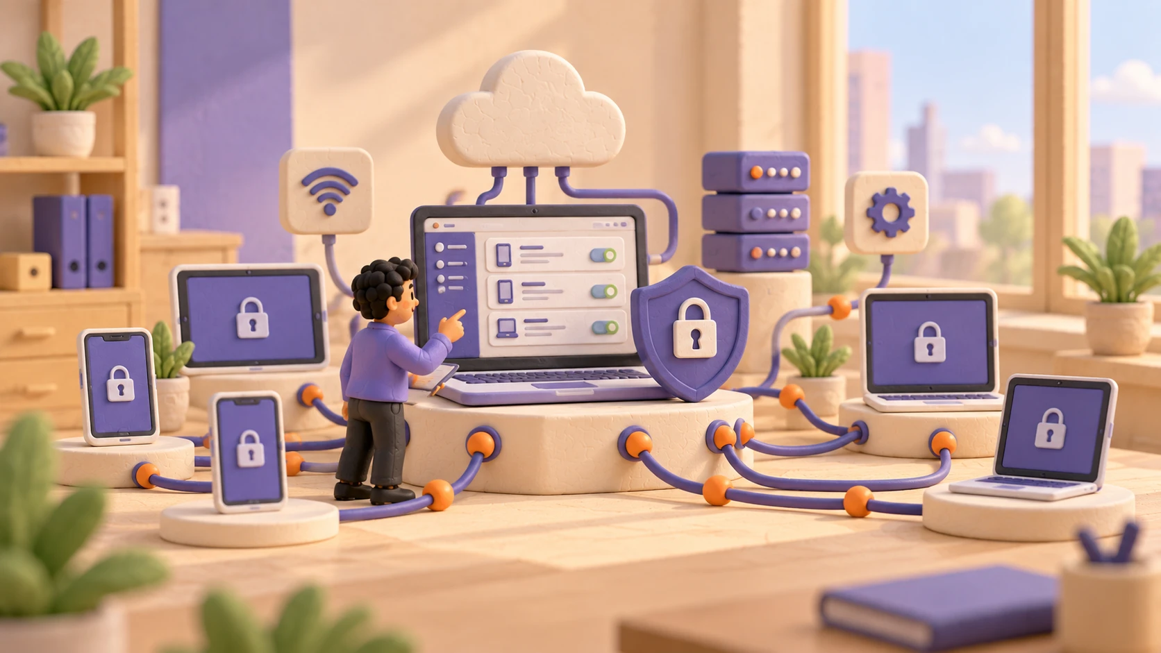 Illustrated admin managing locked phones, tablets and laptops from a central device management console