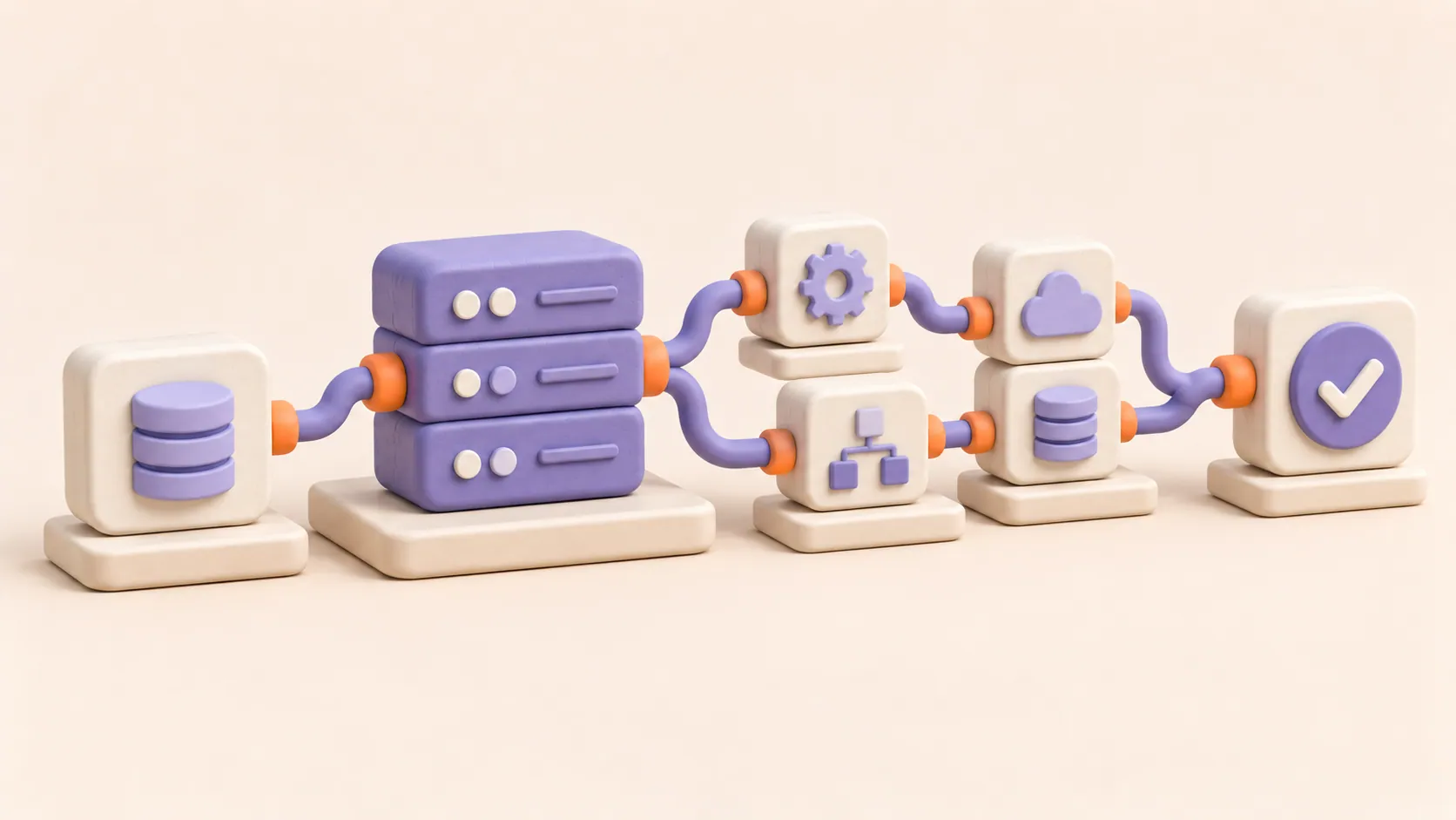 Isometric illustration of servers, cloud storage, a laptop, and a checkmark