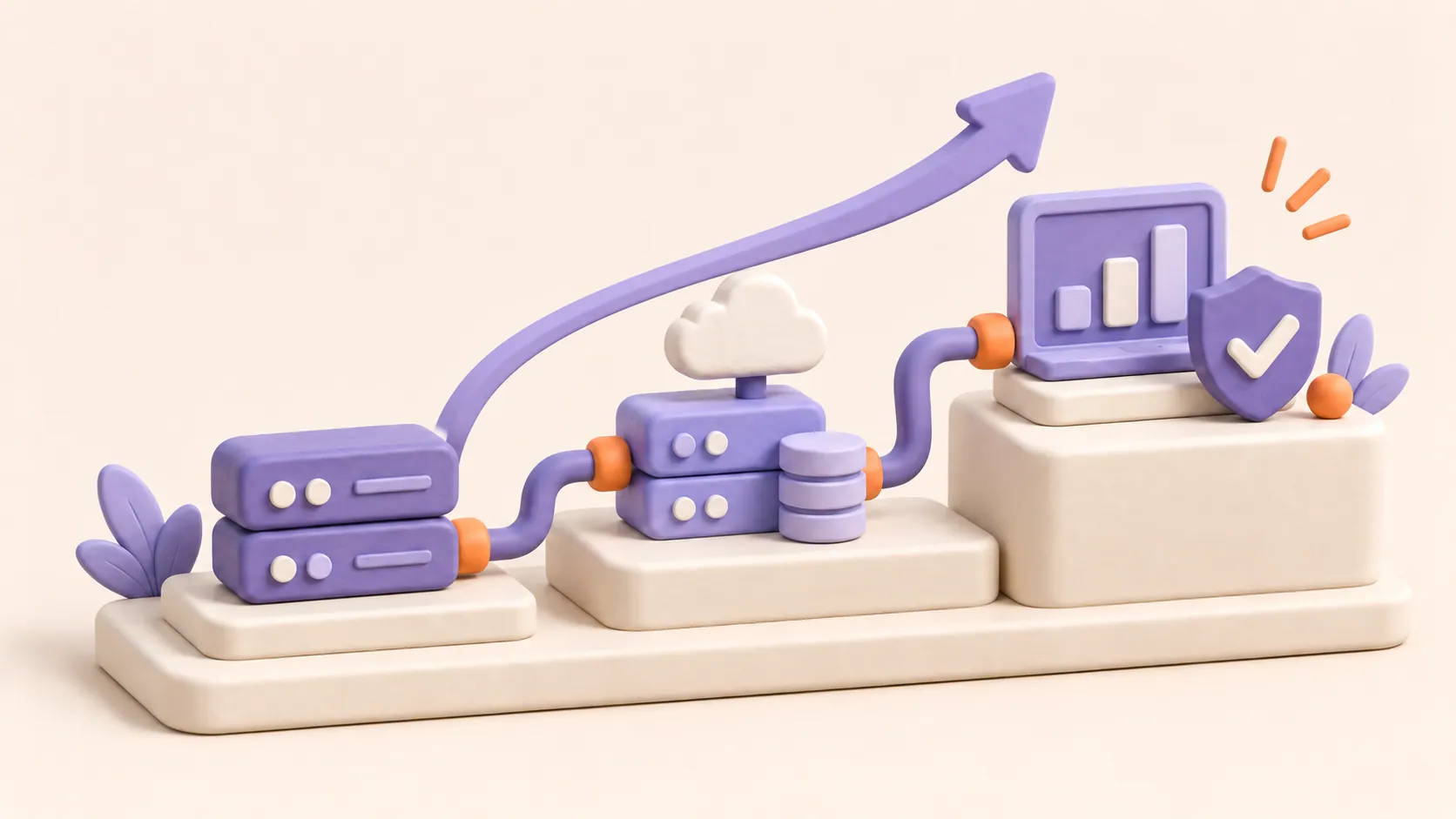 Isometric illustration of servers, a rising chart monitor, and a trophy