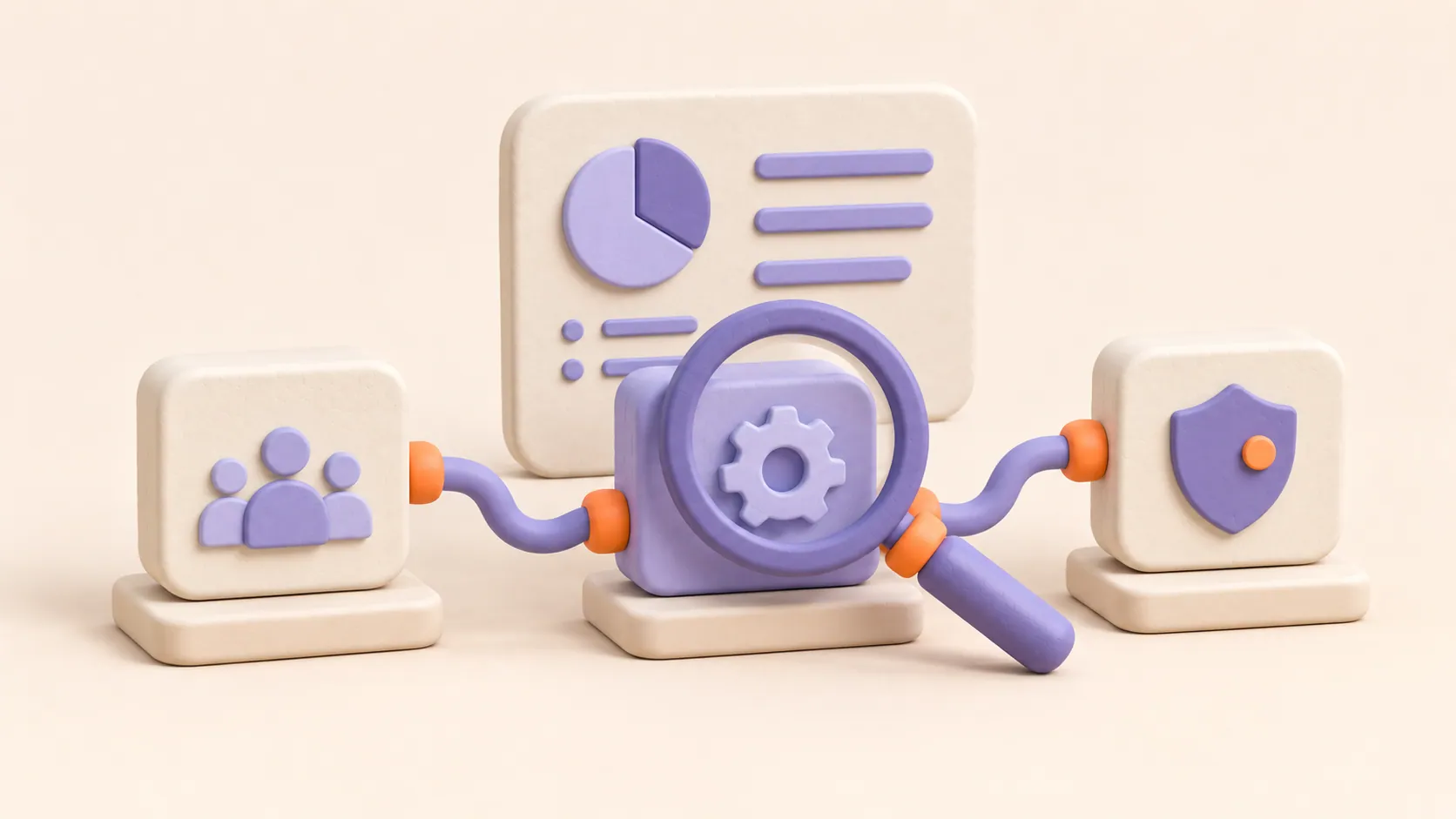 Isometric illustration of gears, people, charts, and a shield connected by tubes