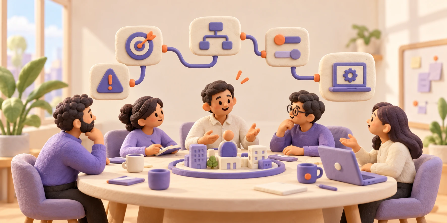 Illustrated team discussing security strategy around a table, with icons for risk, goals, structure, controls and technology