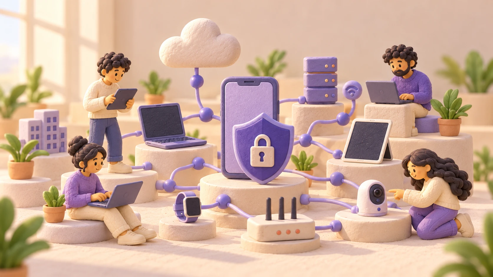 Illustrated team working on connected devices around a central security shield