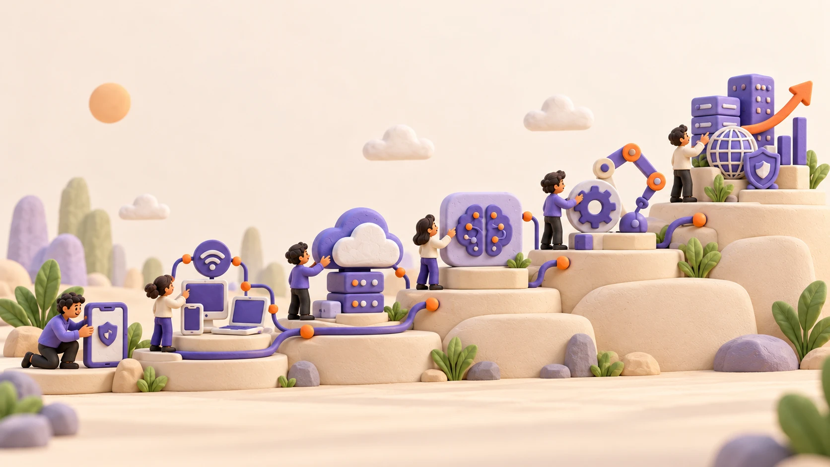 Illustrated team building up a staircase of connected technology, from secure devices and cloud to AI, automation and business growth
