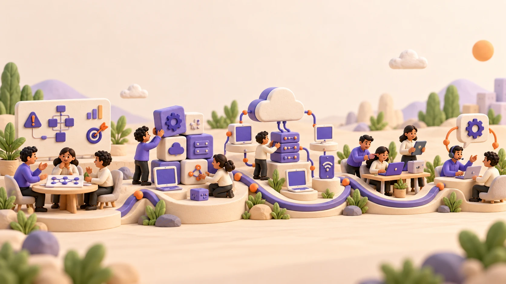 Illustrated teams planning, building and supporting connected technology solutions together