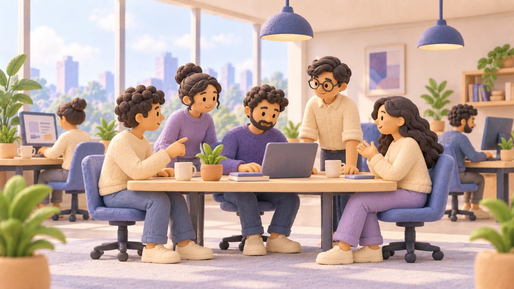 Team collaborating around a laptop in a bright modern office