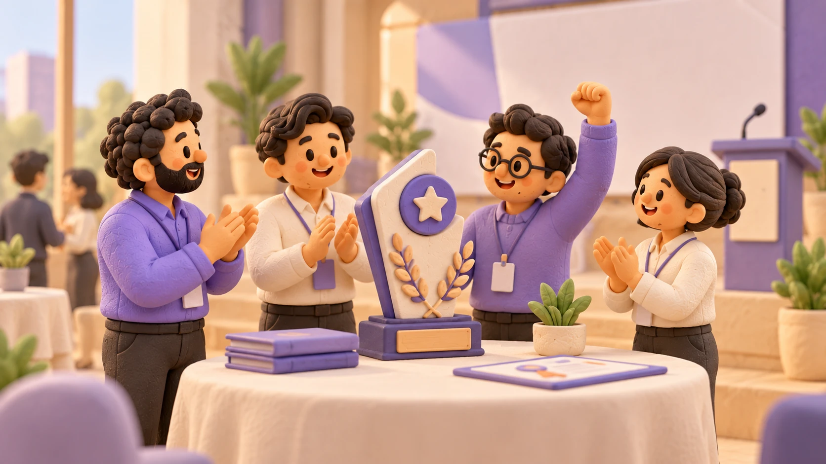 Illustrated team applauding and celebrating around an award trophy