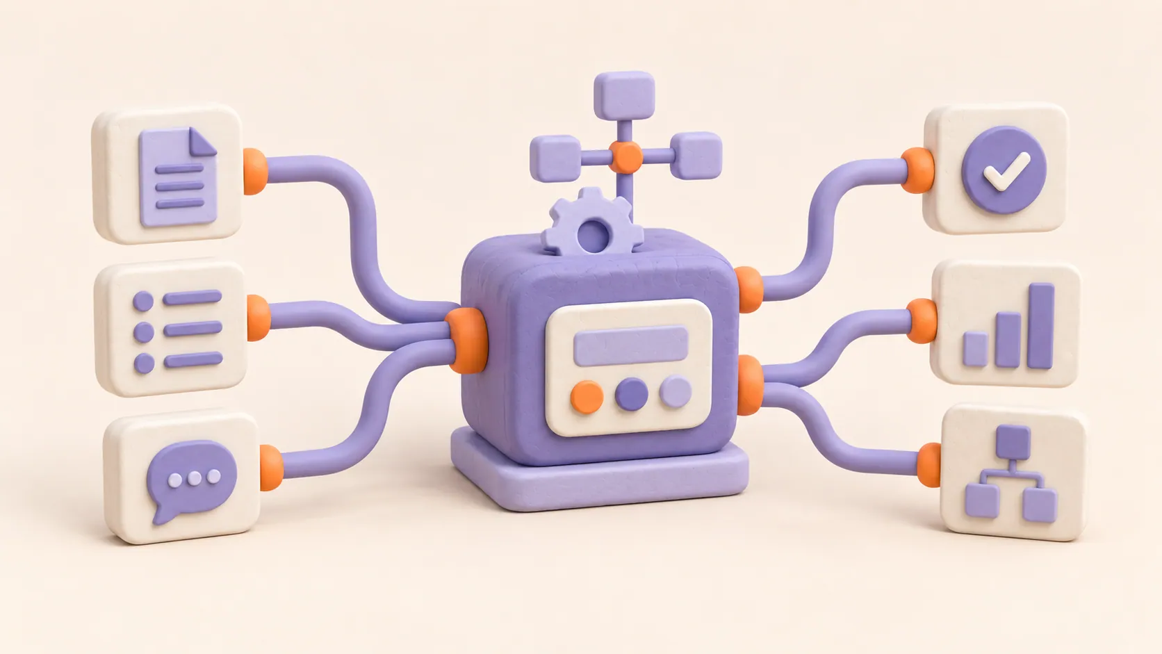 Illustration of an automation hub connected to workflow icons