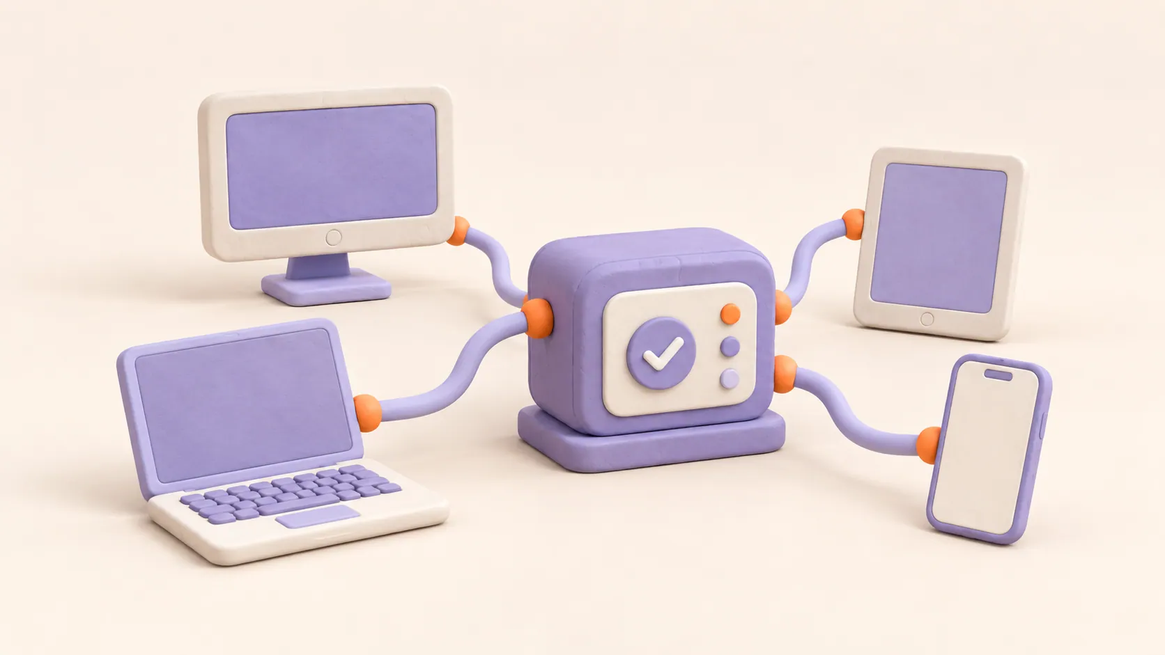 Illustration of a central hub connected to laptop, monitor, tablet, and phone