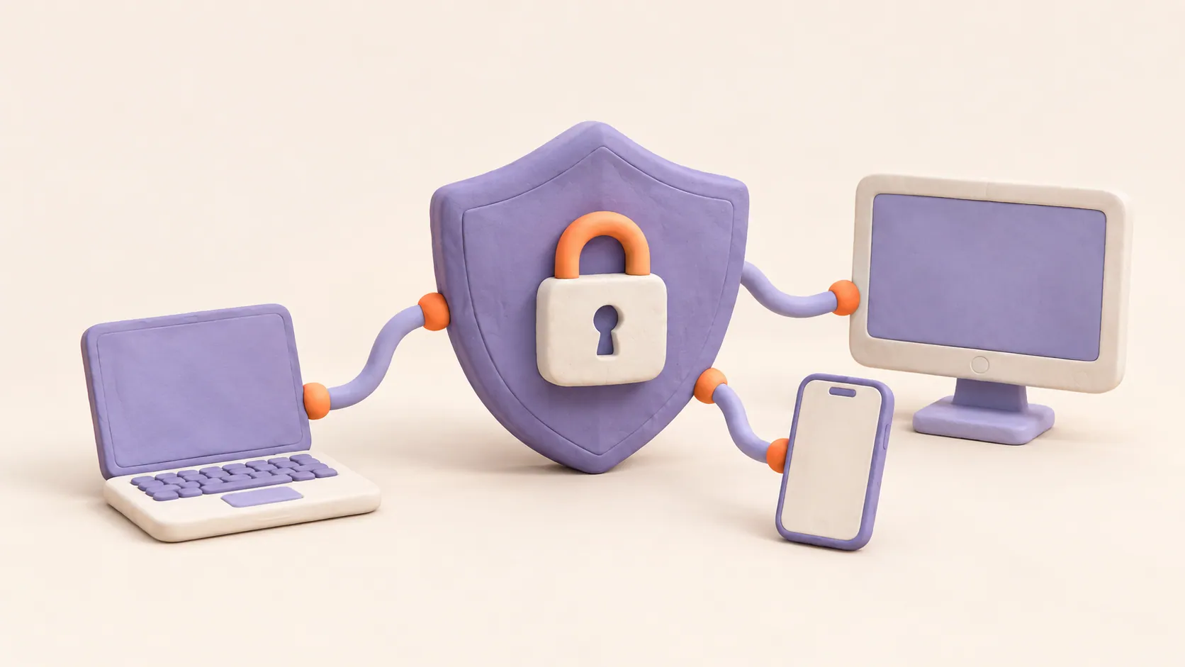 Illustration of a shield with padlock connected to laptop, phone, and monitor
