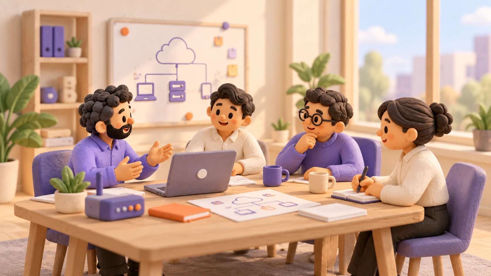 Illustrated team discussing a cloud architecture diagram around a table in a bright office